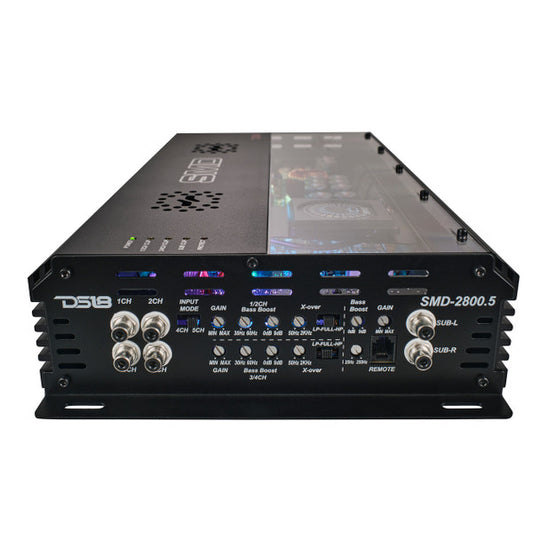 SMD - 2800.5 5-Channel Amplifier with VM-1 Voltmeter and Digital LED Lights 4 x 250W at 2-Ohm Class AB + 1 x 1800W at 1-Ohm Class D - Steve Meade Designs